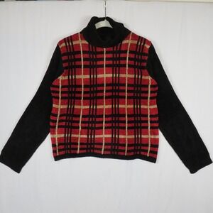 August Silk Knits Medium Turtleneck‎ Sweater Plaid Red Black Gold Knit